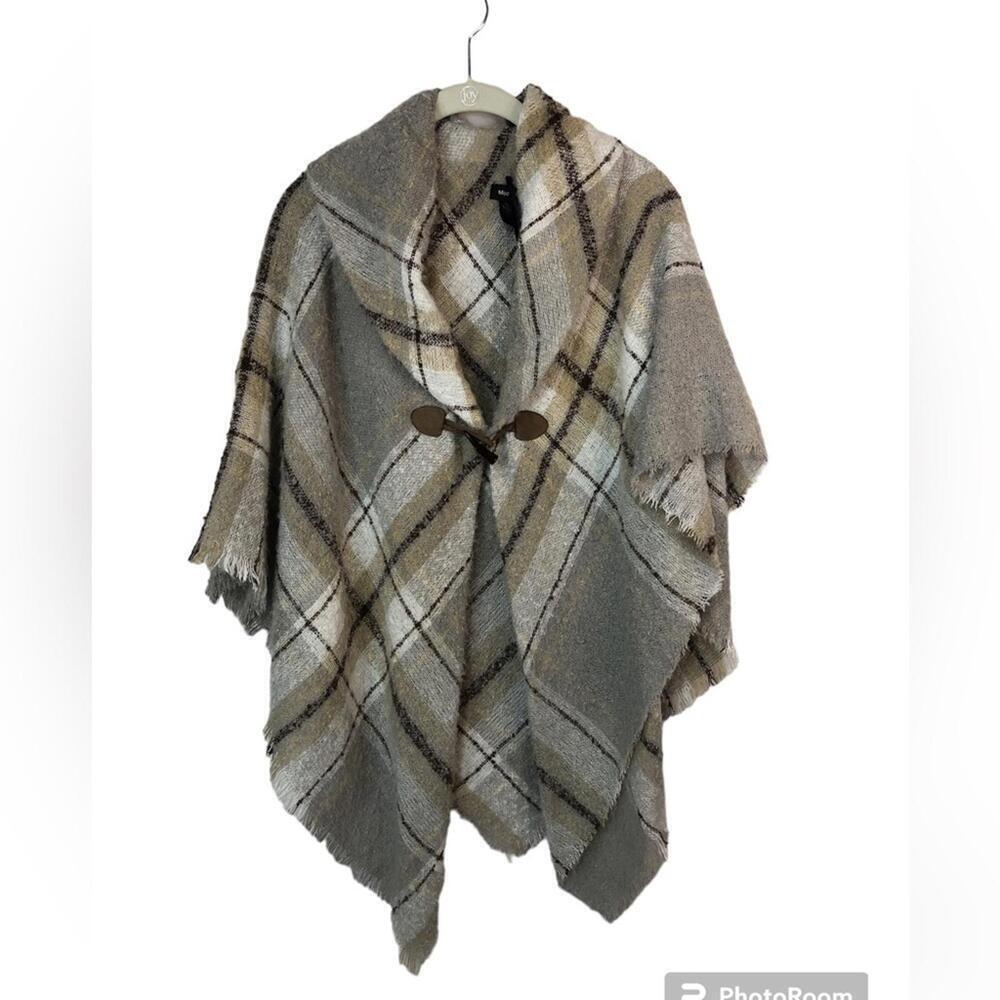Modena Women’s Wrap Shaw Cape Nubby Texture Plaid Neutral Toggle Closure [COPY]